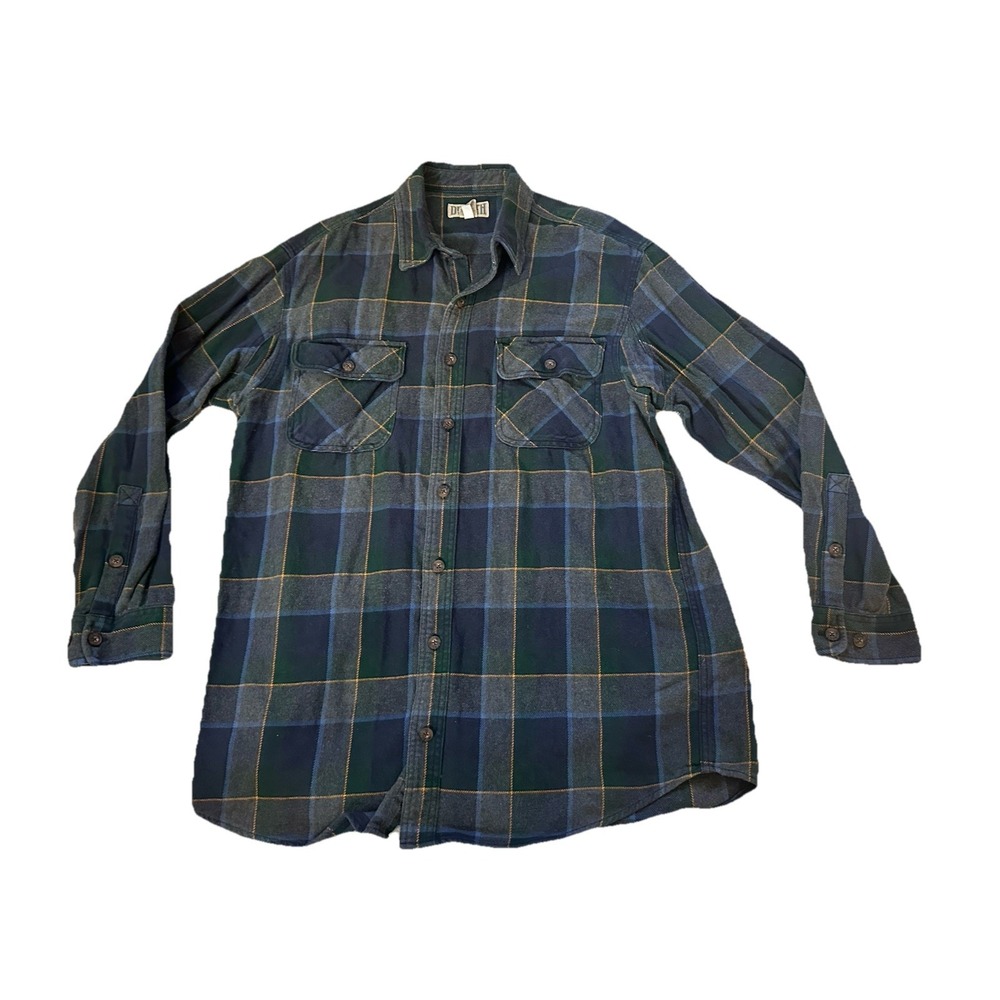 Duluth Trading Co. Men's Heavy Twill‎ Flannel Work Shirt Blue/Green Plaid LT EUC